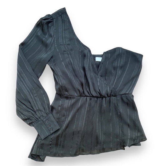 ASTR Black Metallic Stripe Chiffon Overlay One Shoulder Blouse | Size M - Picture 8 of 14